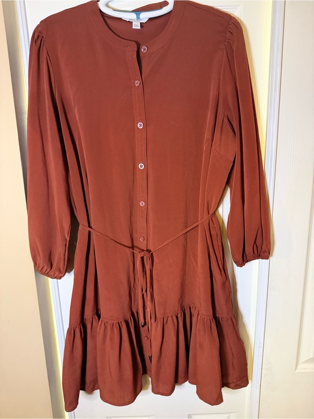 Nine West Rust Button-Front Tiered Long-Sleeve Dress